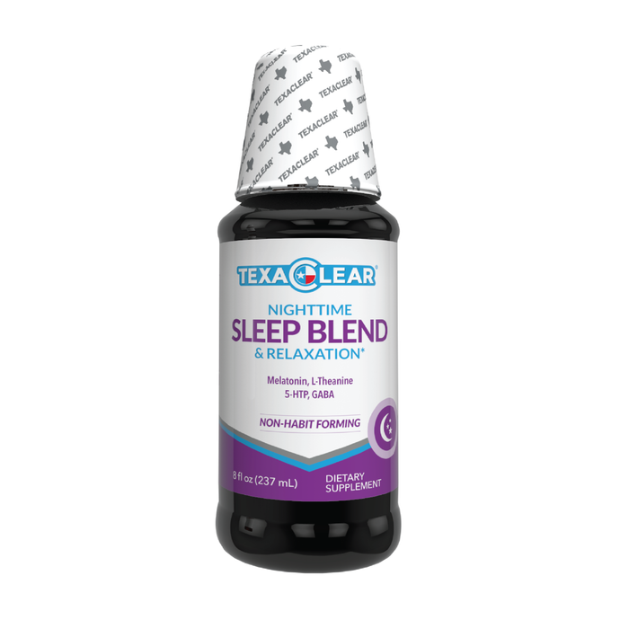TexaClear® Natural Sleep Aid and Relaxation Support* is a non-habit forming sleep and relaxation formula blended with Melatonin, 5-HTP, GABA, L-Theanine and a soothing menthol flavor.